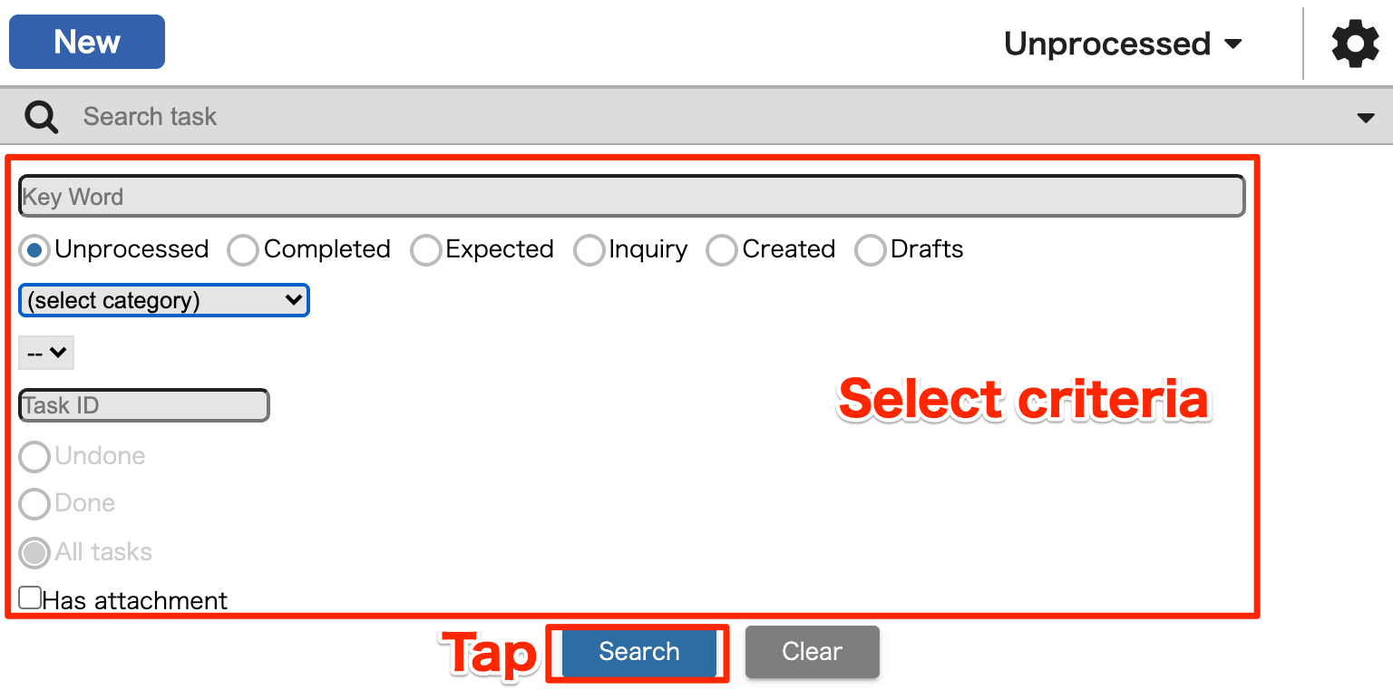 Search for task data by options Select criteria-EN